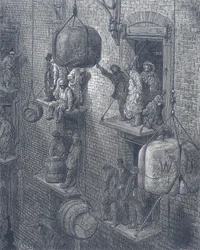 Lagerbygninger i London. Fra Gustave Dore og Blanchard Jerrold London: En pilegrimsreise i London 1872.