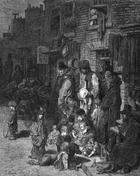 «Wentworth Street, Whitechapel», byens fattige jødiske kvarter: Fra Gustave Dore og Blanchard Jerrold London: En pilegrimsreise i London 1872. Tresnitt