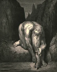Likevel plasserte han oss varsomt i avgrunnen som Lucifer dypt sluker sammen med Judas, ca. 1890.