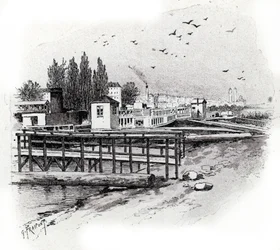 Vannbusser (pendlerbåter) reparasjonsverksteder på not-elven i Paris Tegning av Gustave Fraipont (1849-1923) henter fra «La seine a travers Paris» av Saint-Judges