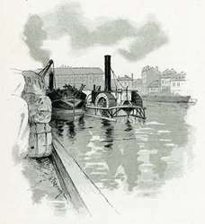 Båter som fortøyer i havnen ved La Villette, Paris. Tegning av Gustave Fraipont (1849-1923) fra «La Seine à travers Paris» av Saint-Juirs