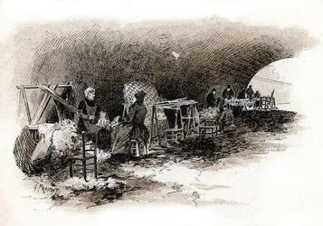 Cardeuses sous le Pont Marie (Pont-Marie) (Arbeidere som karder ull under broen til Pont-Marie, Paris) Paris Tegning av Gustave Fraipont (1849-1923) henter fra «La seine a travers Paris» av Saint-Juirs