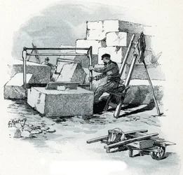 Steinhoggere på Canal Saint-Martin-bredden, quai de Valmy, Paris Tegning av Gustave Fraipont (1849-1923) henter fra Saint-Juirs sin «La seine a travers Paris»