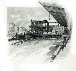 Dokken i havnen i La villette, Paris Tegning av Gustave Fraipont (1849-1923) henter fra "La seine a travers Paris" av Saint-Juirs