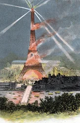 Eiffeltårnet opplyst under verdensmessen i Paris 1889 Tegning av Gustave Fraipont (1849-1923) henter fra «La seine a travers Paris» av Saint-Juirs