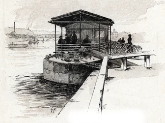 Embarcadere des Bateaux-mouches (Bateaux-mouches) sur la Seine, Paris (Utsikt over turistbåtbryggen på seine-elven, Paris) Tegning av Gustave Fraipont (1849-1923) henter fra Saint-Juirs "" La seine a travers Paris ”