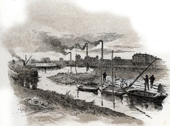 Ivry sur Seine, tretog (Tømmerrafting på Seine-elven, Ivry-sur-Seine) Tegning av Gustave Fraipont (1849-1923) henter fra «La seine a travers Paris» av Saint-Juirs