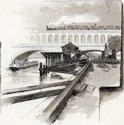 Le viaduct du point du Jour, Boulogne-Billancourt (Utsikt over viaduktbroen til Point du jour-distriktet, Boulogne Billancourt) Tegning av Gustave Fraipont (1849-1923) fra Saint-Juirs