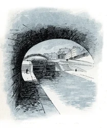 Les ecluses du canal saint Martin, paris (Utsikt over slusene til kanalen Saint-Martin, Paris) Tegning av Gustave Fraipont (1849-1923) henter fra "La seine a travers Paris" av Saint-Juirs