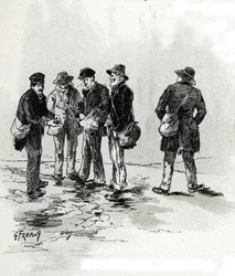 Gatehandlere med sigar- og sigaretttips, Maubert-distriktet, Paris Tegning av Gustave Fraipont (1849-1923) henter fra «La seine a travers Paris» av Saint-Juirs
