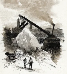 Sandgrader på Seine-elvebredden nær pont de l'Alma, Paris Tegning av Gustave Fraipont (1849-1923) henter fra «La seine a travers Paris» av Saint-Juirs