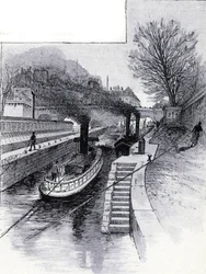 Slepebåter av slusen på Seinen foran Hotel des Monnaie, Paris Tegning av Gustave Fraipont (1849-1923) fra Saint-Juirs
