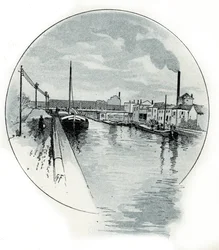 Utsikt over quai de l'Oise på canal de l'Ourcq i Paris Tegning av Gustave Fraipont (1849-1923) fra Saint-Juirs