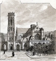 Utsikt over kirken Saint Germain l'Auxerrois, Paris (Church of St Germain-l'Auxerrois) Tegning av Gustave Fraipont (1849-1923) henter fra "La seine a travers Paris" av Saint-Juirs