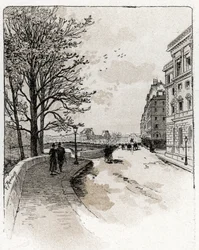 Utsikt over Quai des Orfevres, Ile de la Cite, Paris Tegning av Gustave Fraipont (1849-1923) fra Saint-Juirs