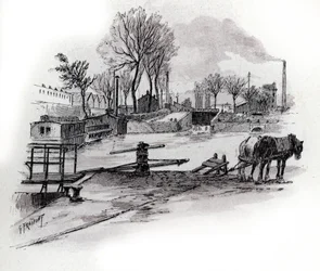 Utsikt over kanalen Saint-Denis og quai de la Gironde a la Villette, Paris (Utsikt over canal saint Denis og quai de la Gironde i Villette-distriktet, paris) Tegning av Gustave Fraipont (1849-1923) fra Saint-Juirs