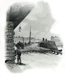 Utsikt over hangarene til havnen i La Villette i Paris (naust og skur fra havnen i La Villette, Paris) Tegning av Gustave Fraipont (1849-1923) er hentet fra "La seine a travers Paris" av Saint-Juirs