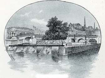 Utsikt over Monnaie-slusen, foran Hotel des Monnaie i Paris Tegning av Gustave Fraipont (1849-1923) er hentet fra Saint-Juirs "La seine a travers Paris"