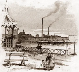Utsikt over quai de Javel i Paris, actuel quai André-Citroen (Utsikt over quai Andre Citroen tidligere quai de Javel, Paris) Tegning av Gustave Fraipont (1849-1923) henter fra "La seine a travers Paris" av Saint- Juirs