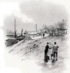 Utsikt over elvebredden og kaien Saint-Bernard, Paris Tegning av Gustave Fraipont (1849-1923) henter fra "La seine a travers Paris" av Saint-Juirs