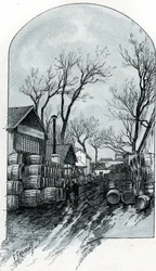 Utsikt over lageret til rue de Sauternes, Bercy, Paris (Utsikt over lageret til rue de Sauternes, Bercy, Paris) Tegning av Gustave Fraipont (1849-1923) henter fra "La seine a travers Paris" av Saint-Juirs
