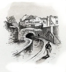 Vue de la Bievre pres des Gobelins, paris (Utsikt over elven Bievre i Gobelins-distriktet, Paris) Tegning av Gustave Fraipont (1849-1923) henter fra «La seine a travers Paris» av Saint-Juirs