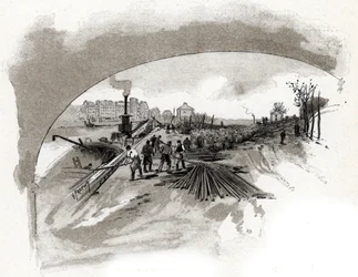 dechargement du fer sur le quai saint Bernard a Paris (Jernbokker sluppet ut av havnearbeiderne på elvebredden på noten ved quai Saint-Bernard i paris) Tegning av Gustave Fraipont (1849-1923) henter fra «La seine a travers Paris» av Saint-Juirs