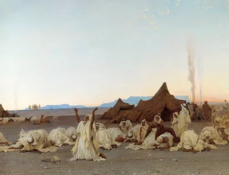 Aftenbønn i Saharaørkenen. Detalj av tuaregleiren. Maleri av Gustave Achille Guillaumet (1840-1887), 1863. Sol. 1,3x2,8 m. Paris, Musée d