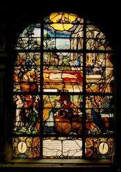 Saint-Etienne du Mont kirke, vindusglass som viser den døde Kristus (farget glass)