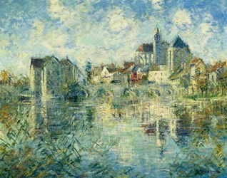Moret-sur-Loing, broen og kirken; Moret-sur-Loing, broen og kirken, ca. 1935