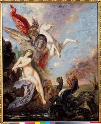 Andromeda, lenket til en klippe, blir befridd av Perseus. Maleri av Gustave Moreau (1826-1898)