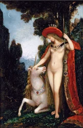 ""Enhjørningen"" Maleri av Gustave Moreau (1826-1898) 1885 Dim 50x34 cm Privat samling
