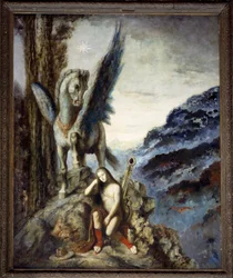 Den reisende dikteren, en tankefull reisende i meditasjon nær den bevingede hesten Pegasus