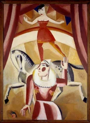Circus III En akrobat Ecuyere i balanse på en hest og en klovn på en sirkusbane som viser show. Maleri av Gustave de Smet (1877-1943) 1926 Søn. 1,3x1,1 m Grenoble, Musee des Beaux Arts OBS! Bruk av dette verket kan være underlagt en tredjeparts autorisasjo