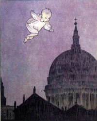 Illustrasjon for «La storia di Peter Pan», fabel av James Matthew Barrie (JM eller J.M. Barrie