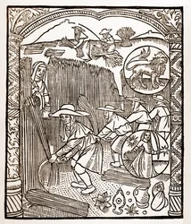 Hyrdekalender - Månedens arbeid - August - Tresnitt fra boken fra 1496 trykket av Guy Marchant (Guido Mercator) i Troyes - Tregravering i "Le grand Calendrier et compost des shepherds" -