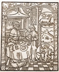 Hyrdekalender - Månedens arbeid - Januar - Tresnitt fra boken fra 1496 trykt av Guy Marchant (Guido Mercator) i Troyes - Tregravering i "Le grand Calendrier et compost des shepherds" -