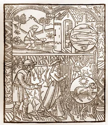 Hyrdekalender - Månedens arbeid - Mars - Tresnitt fra boken fra 1496 trykt av Guy Marchant (Guido Mercator) i Troyes - Tregravering i "Le grand Calendrier et compost des shepherds" -
