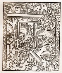 Hyrdekalender - Månedens arbeid - November - Tresnitt fra boken fra 1496 trykket av Guy Marchant (Guido Mercator) i Troyes - Tregravering i "" Le grand Calendrier et compost des shepherds"" - Brødovn -