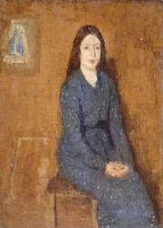 En sittende jente iført en flekket blå kjole, 1914-15