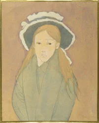 Jente med stor hatt og stråfarget hår, 1910-tallet (wc, gouache og grafitt på papir)