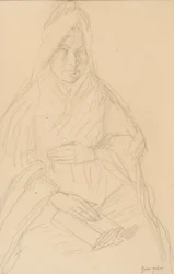 Studie for Mere Poussepin sittende ved et bord, ca. 1915