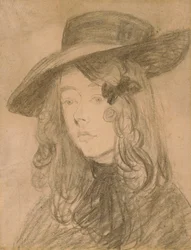 Winifred John i en stor hatt (kull på papir)