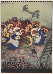 Illustrasjon av to marsvin kledd i hushjelpsklær som passer på en øgle mens to pinnsvin bærer en båre i bakgrunnen for å hjelpe ham.