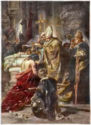 Dåpen av Sankt Stefan (ca. 970-1038), helgen og Ungarns første konge, døpt av Sankt Adalbert av Praha. Etter et verk av Gyula Benczúr. Den ungarske prinsen Vajk blir døpt av Sankt Adalbert av Praha og tar navnet Stefan (Sankt Stefan I, konge)