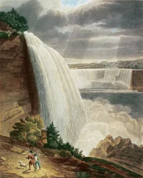 Niagarafallene, en del av American Fall sett fra foten av trappen, gravert av J. Hill, utgitt av H. L. Megarcy