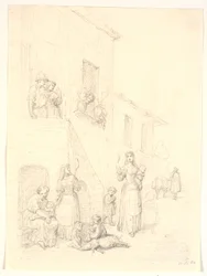 Kvinner og barn utenfor et italiensk hus