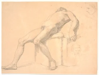 Studie av mannlig, naken, liggende modell. T.h. to portretthoder, ett muligens Constantin Hansen