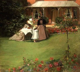 Elegante damer i hagen (olje på lerret)