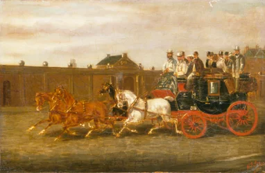 London til Brighton-buss på veien (olje på lerret)